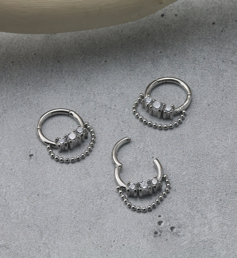 Triple Prong Set Clear CZ with Dangling Chain Hinged Segment Ring