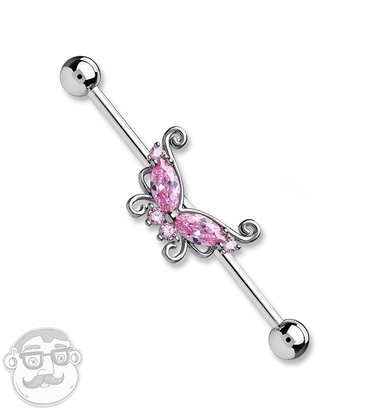 Butterfly Pink CZ Industrial Barbell