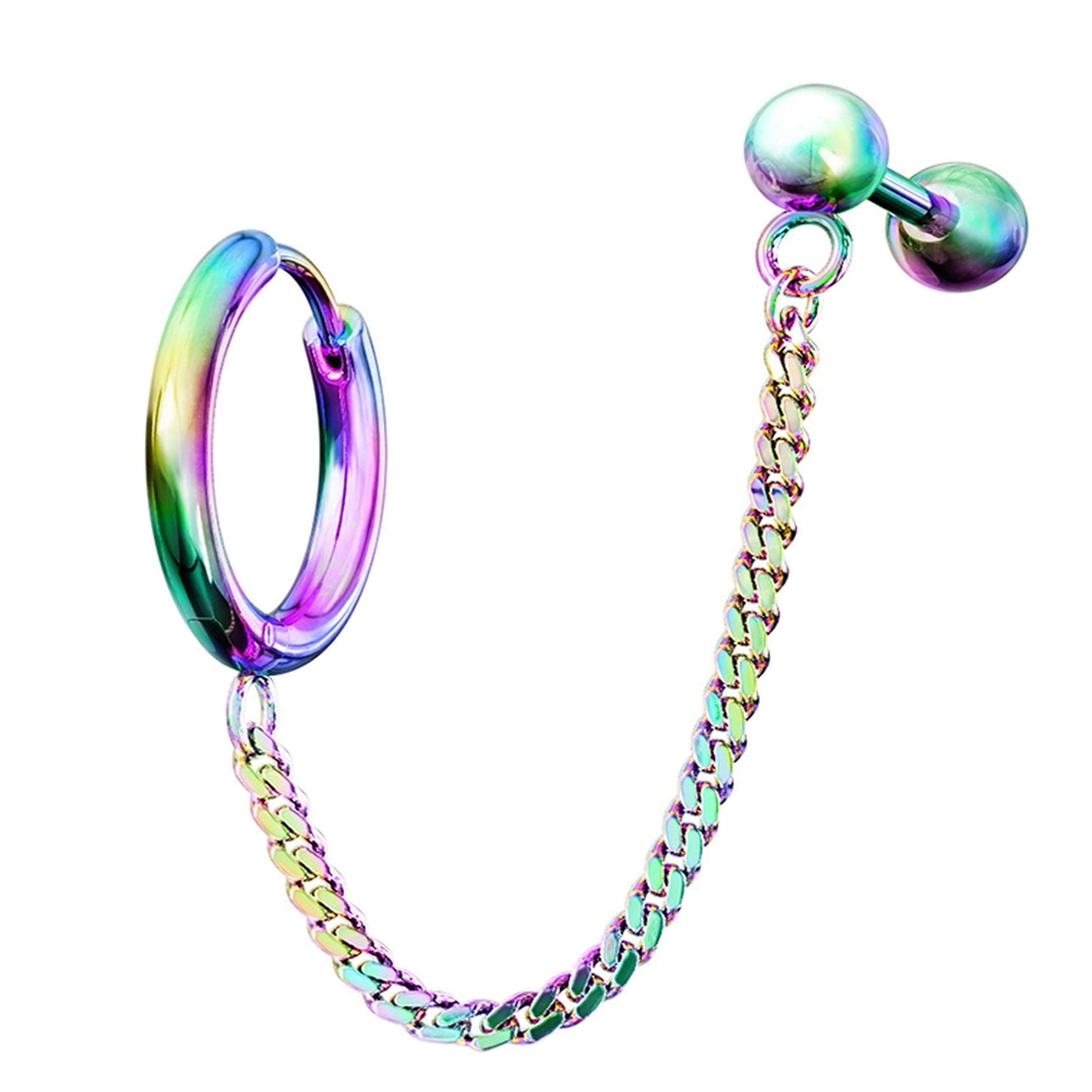 Rainbow PVD Linked Hinged Hoop Ring & Cartilage Barbell
