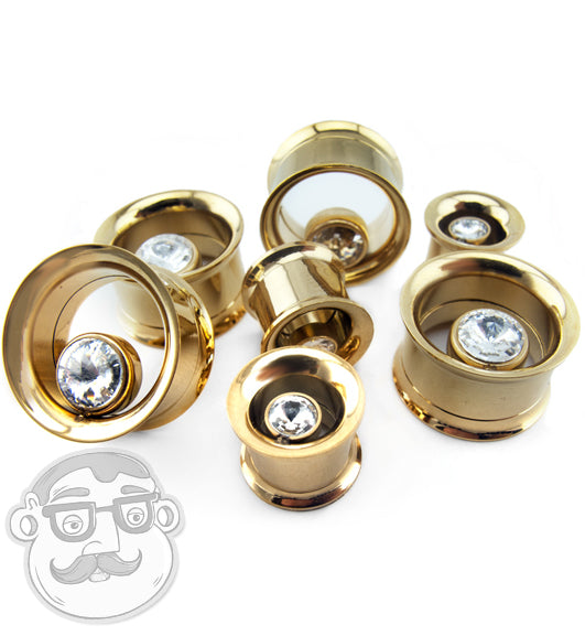 CZ Gem Gold Plated Steel Tunnel Plugs