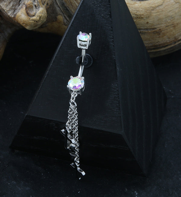 Skull Cross Dangle Rainbow Aurora CZ Stainless Steel Belly Button Ring