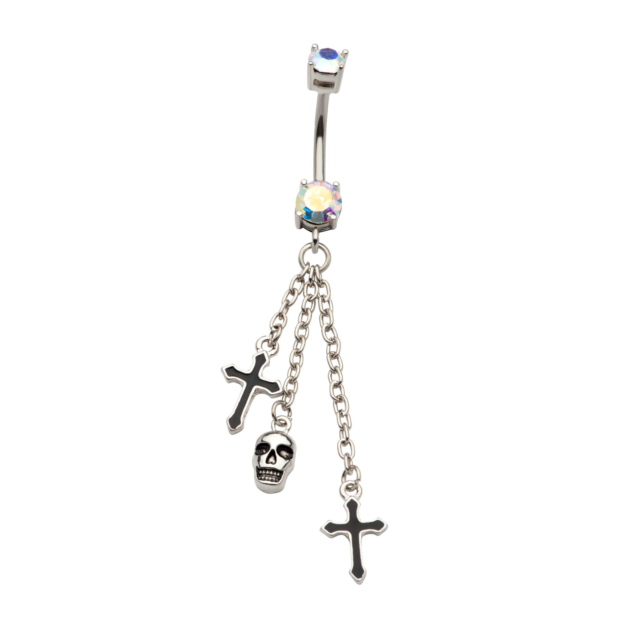 Skull Cross Dangle Rainbow Aurora CZ Stainless Steel Belly Button Ring
