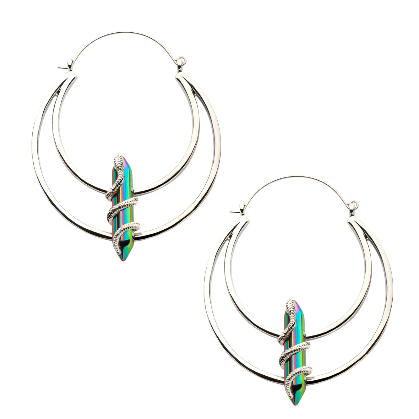 Snake Wrapped Rainbow Aurora Crystal Stainless Steel Plug Hoops ...