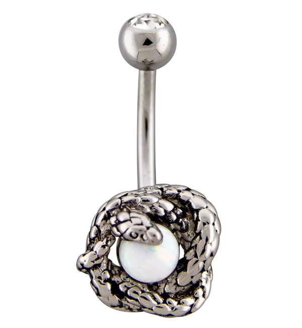 Snake Wrapped White Opalite Clear CZ Stainless Steel Belly Button Ring