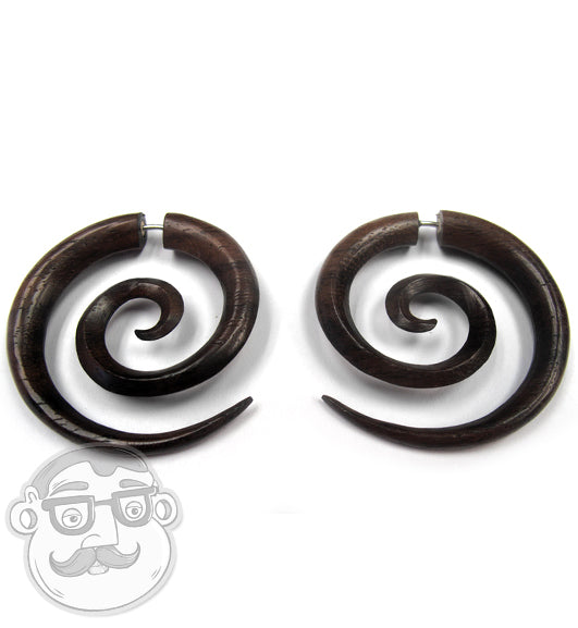 Sono Wood Fake Gauge Large Spirals Tribal Earrings
