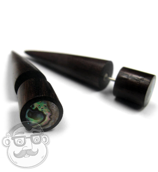 Sono Wood Fake Gauge Abalone Shell Tapers Tribal Earrings