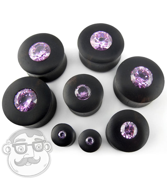 Areng Wood Plugs With Pink CZ Gem Inlay