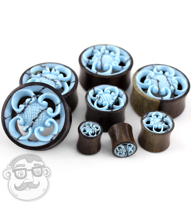 Sono Wood Plugs With Carved Turquoise Floral Inlay