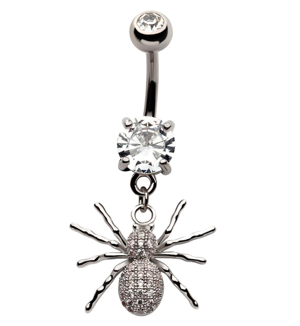 Spider Pave CZ Dangle Stainless Steel Belly Button Ring