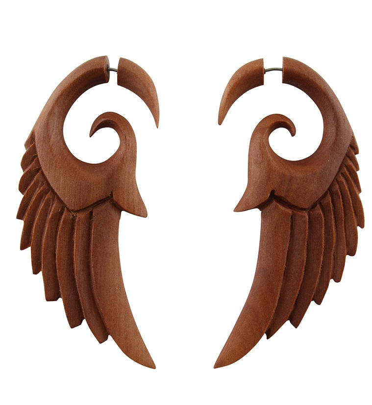 Wooden Angel Wing Fake Gauge Spiral Tribal Earrings