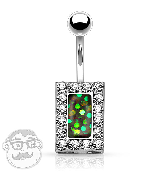 Square CZ Green Glitter Inlay Belly Button Ring