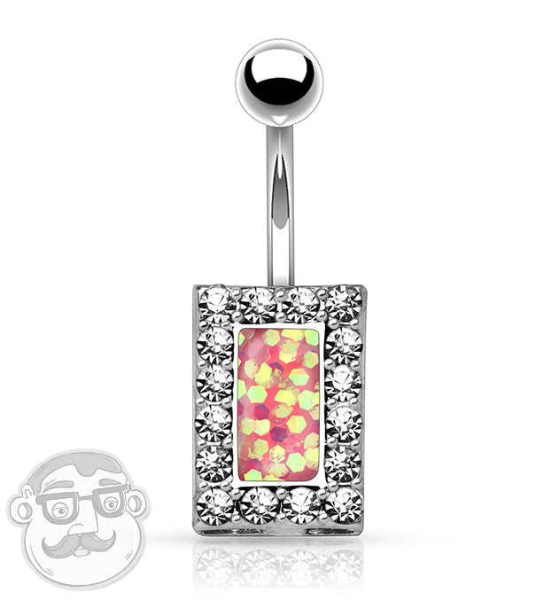 Square CZ Pink Glitter Inlay Belly Button Ring