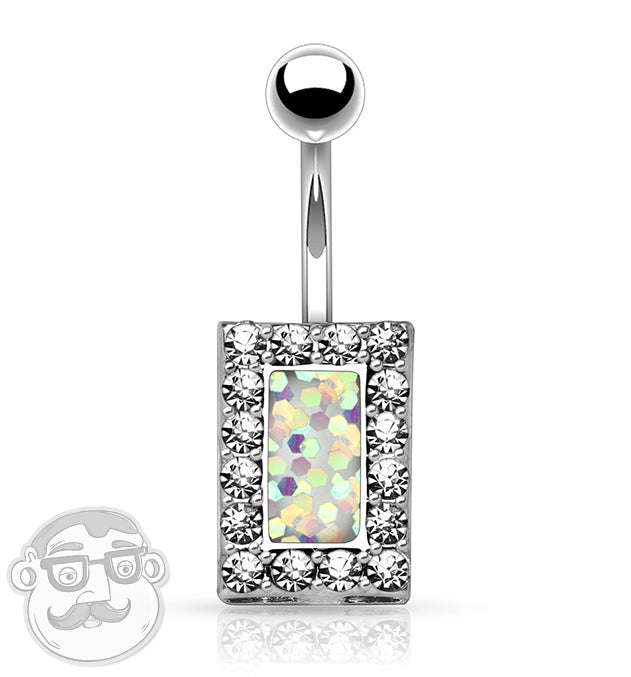 Square CZ White Glitter Inlay Belly Button Ring