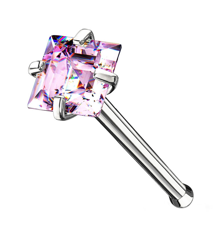 Pink Square CZ Stainless Steel Nosebone