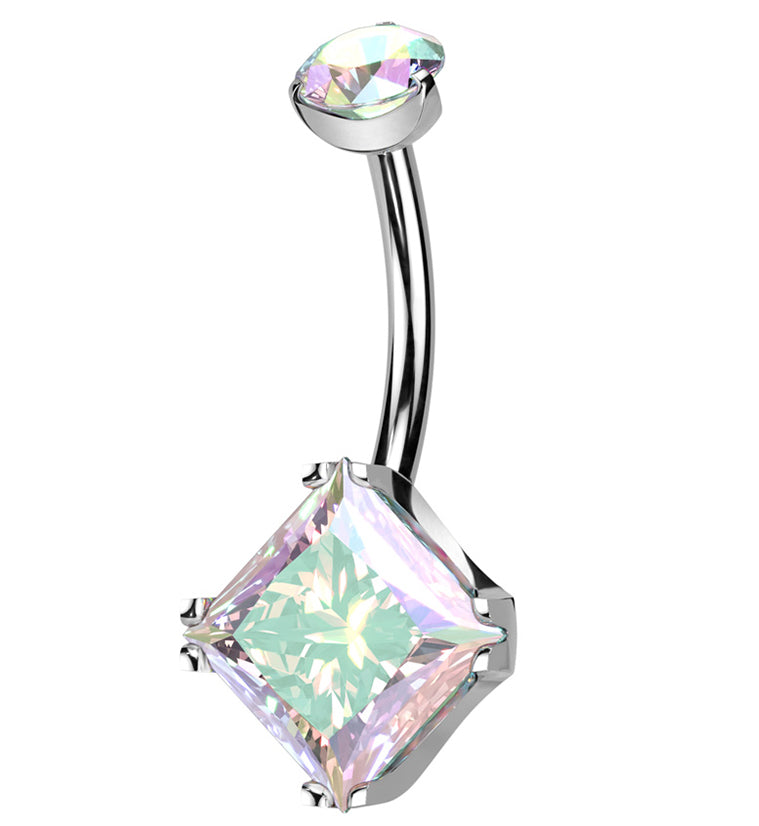 Square Rainbow Aurora CZ Internally Threaded Titanium Belly Button Ring