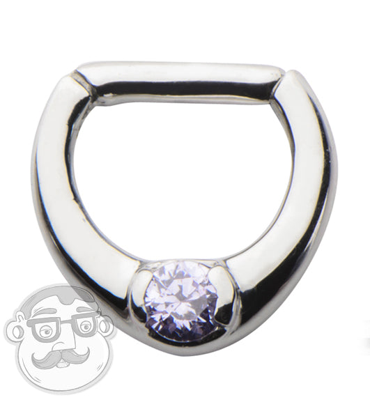 14G Stainless Steel Septum Clicker With Single Purple CZ