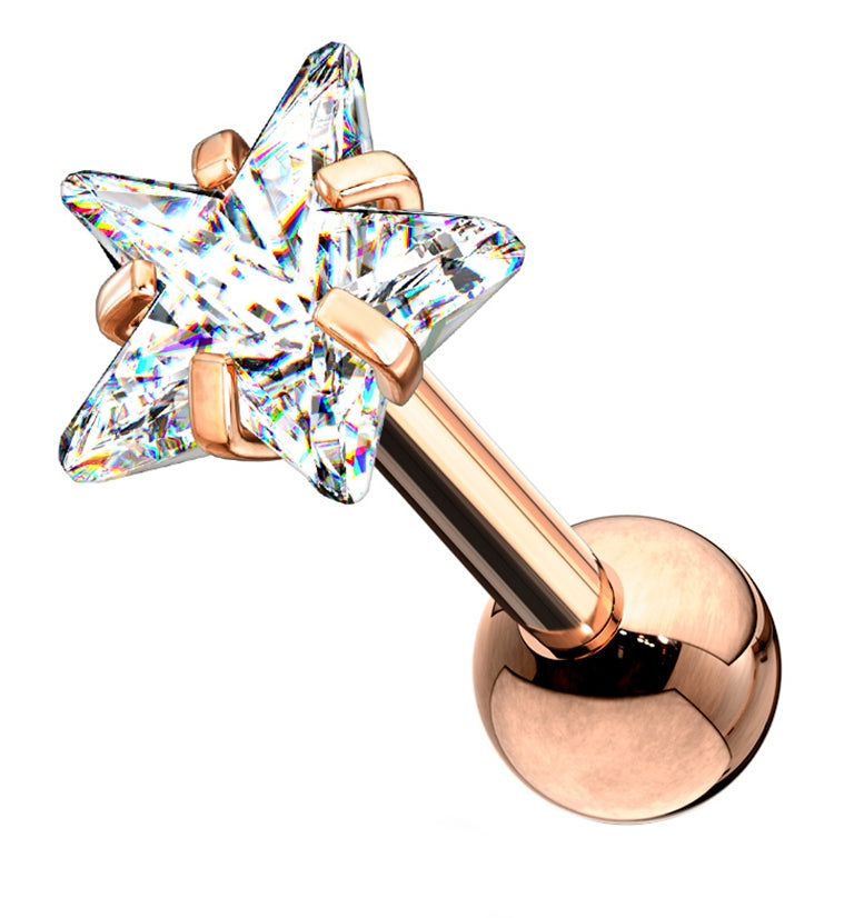 16G Rose Gold PVD Star CZ Top Cartilage Barbell