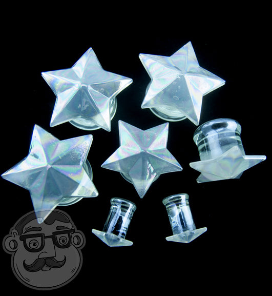 Mystic Metals Holographic Pentagram Glitter Plugs, Black Resin, 316L Steel, Teardrop Shape