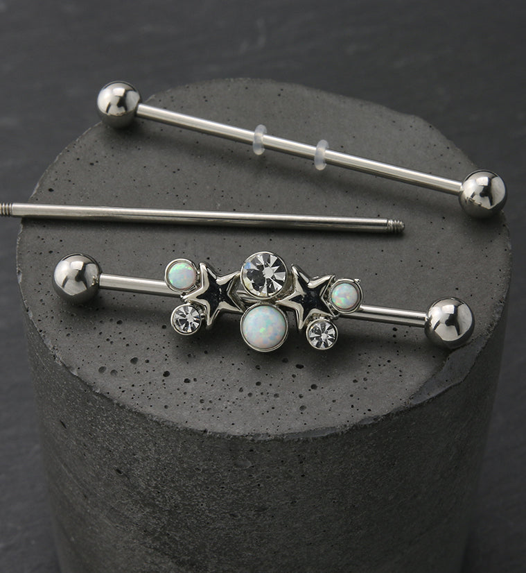 Starlet White Opalite and Clear CZ Industrial Barbell