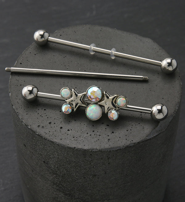 Starlet White Opalite and Rainbow Aurora CZ Industrial Barbell