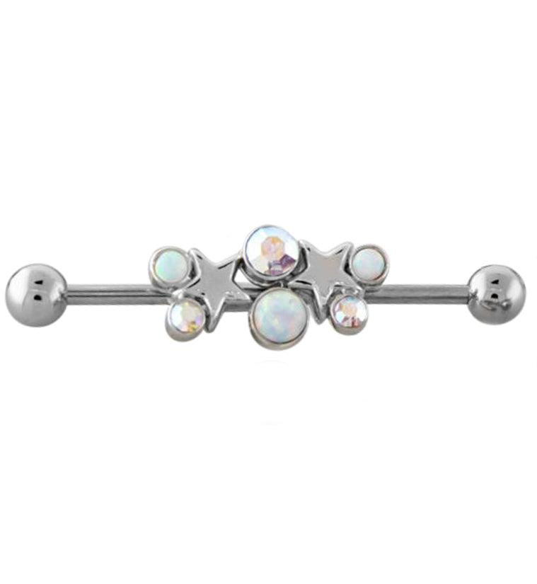 Starlet White Opalite and Rainbow Aurora CZ Industrial Barbell