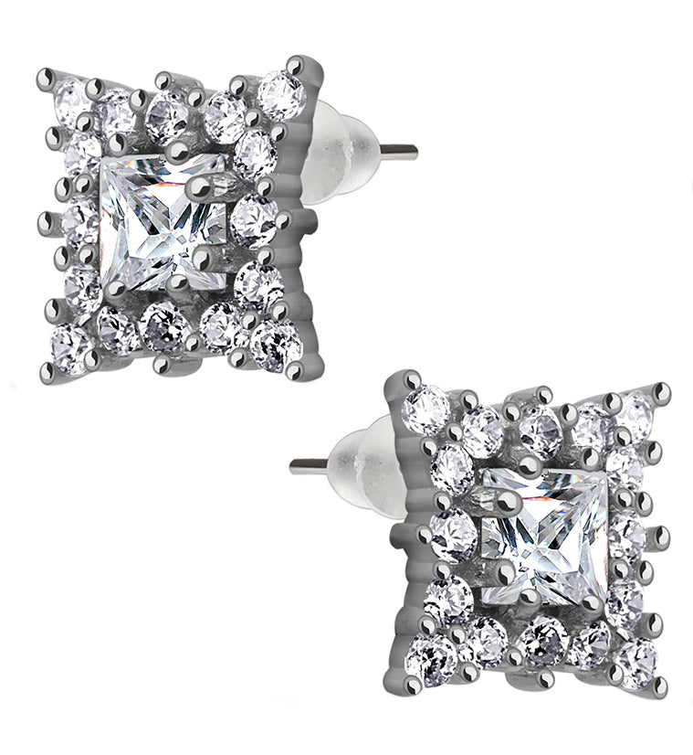 Square CZ Cluster Sterling Silver Earrings