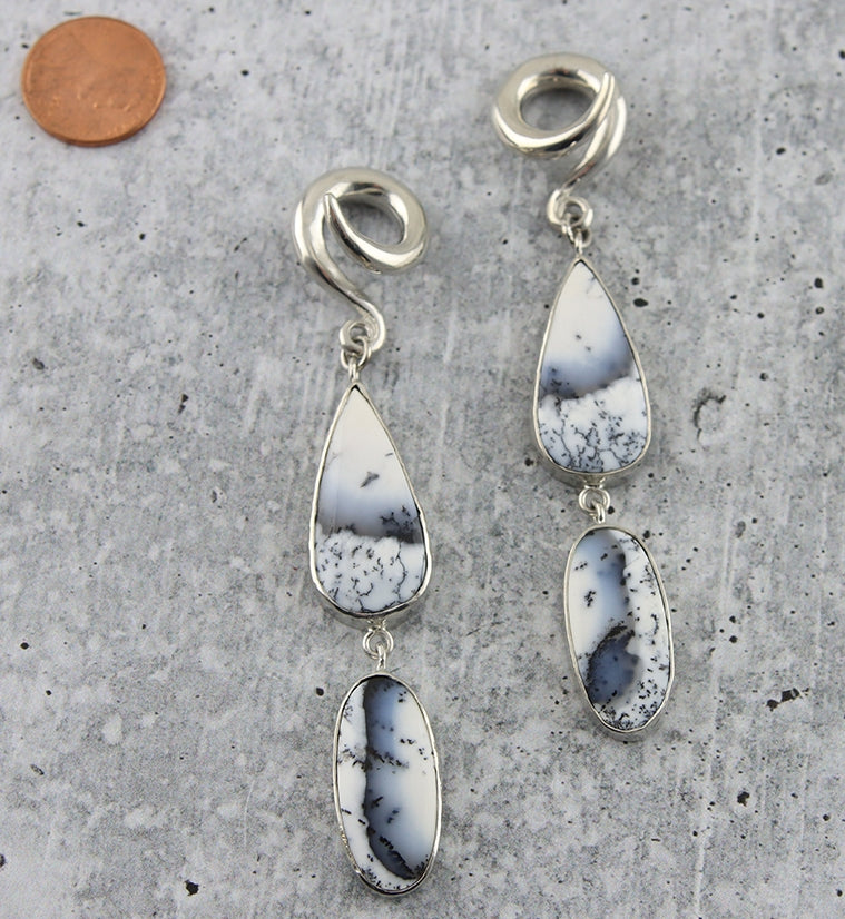 Double Teardrop Oval Dendritic Opal Stone Ear Weights
