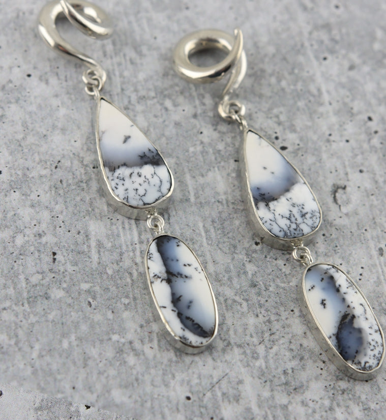 Double Teardrop Oval Dendritic Opal Stone Ear Weights