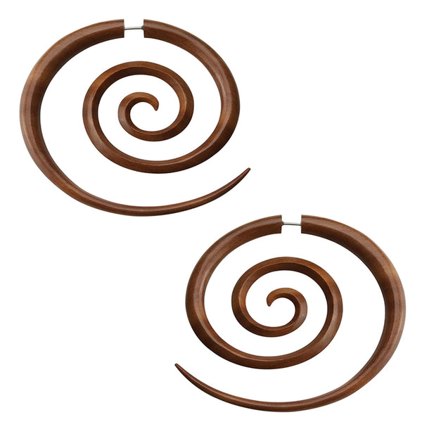 Saba Wood Fake Gauge Large Spirals Tribal Earrings