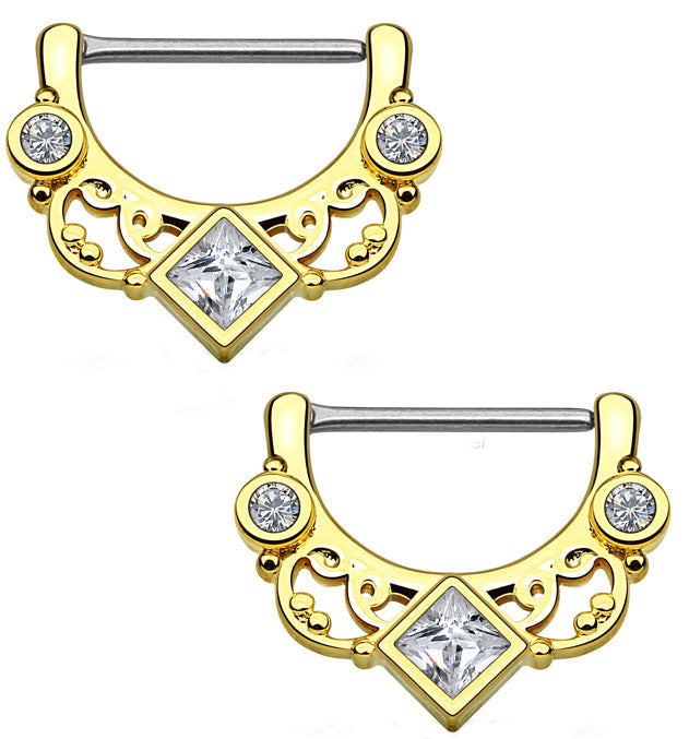 14G Gold Plated Swirly Lace CZ Gem Brass Nipple Clicker Ring