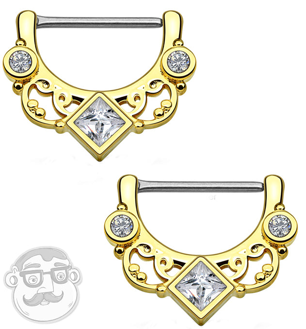 14G Gold Plated Swirly Lace CZ Gem Brass Nipple Clicker Ring