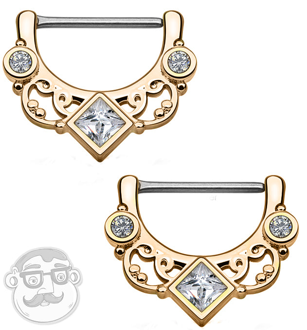 14G Rose Gold Swirly Lace CZ Gem Brass Nipple Clicker Ring