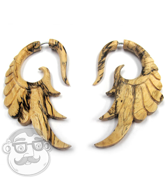 Tamarind Wood Angel Wing Fake Gauge Talon Spiral Tribal Earrings