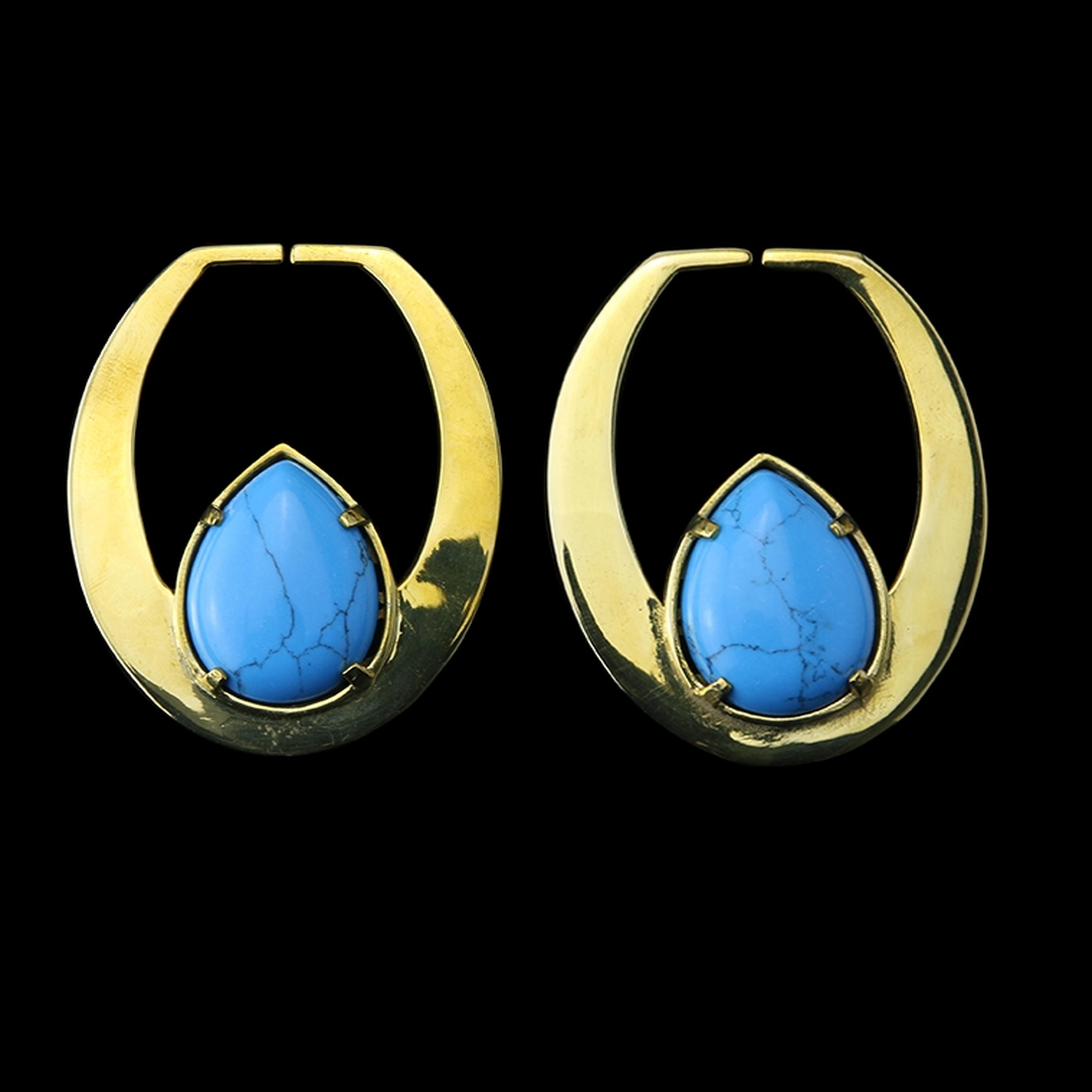 Teardrop Turquoise Howlite & Brass Plug Hoops