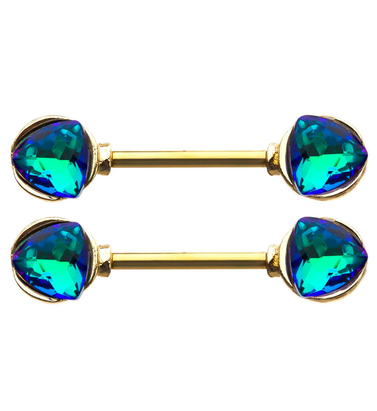 14G Gold PVD Trine Teal CZ Nipple Ring Barbell