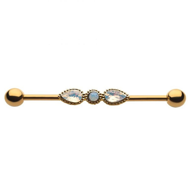 Gold PVD Double Teardrop Gem Chained Industrial Barbell