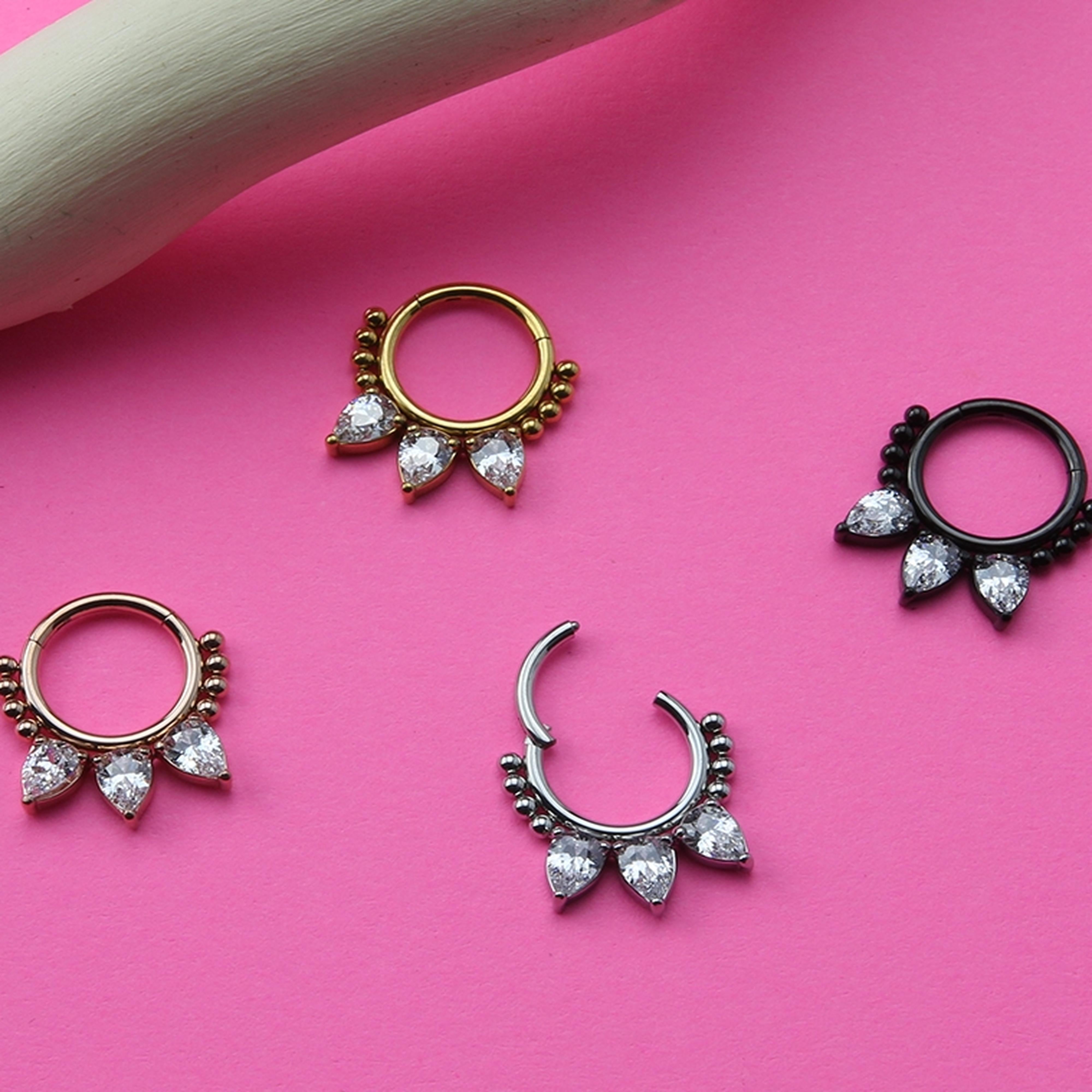 Black PVD Teardrop CZ Bead Hinged Segment Ring