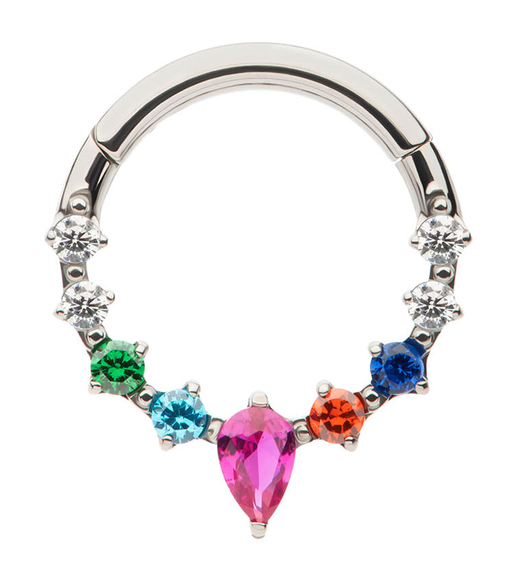Teardrop Icicle Rainbow CZ Titanium Hinged Segment Ring