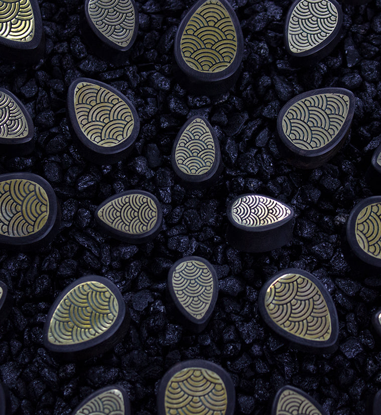 Areng Wooden Teardrop Plugs with Seigaiha Brass Inlay