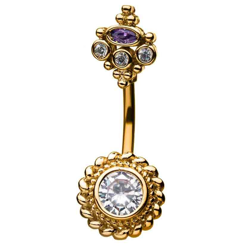 Gold PVD Threaded CZ Disk Belly Ring