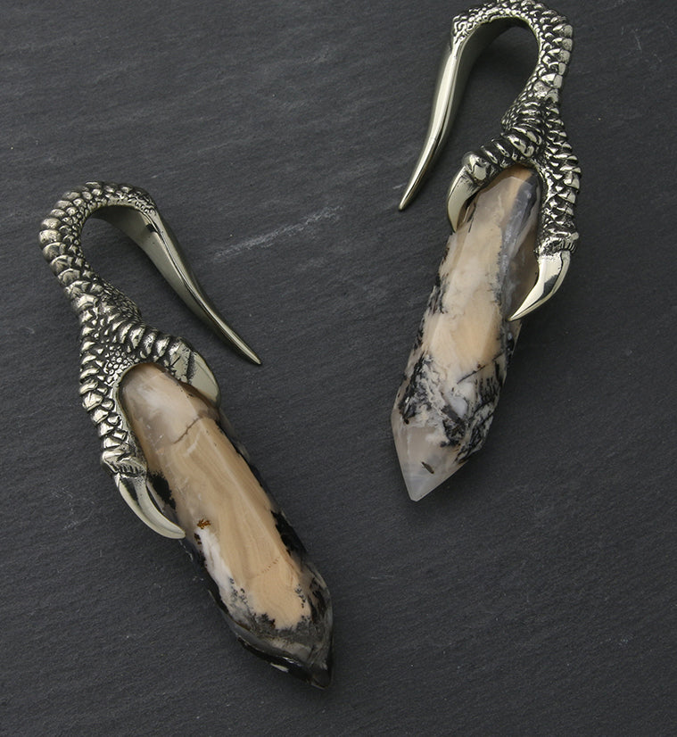 Tiger Dendritic Agate Stone Talon White Brass Ear Weights