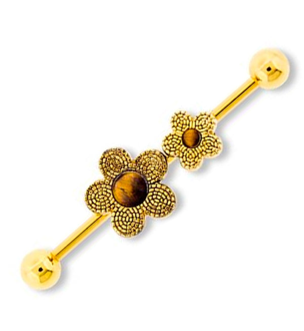 Gold PVD Flower with Tigers Eye Stone Industrial Barbell