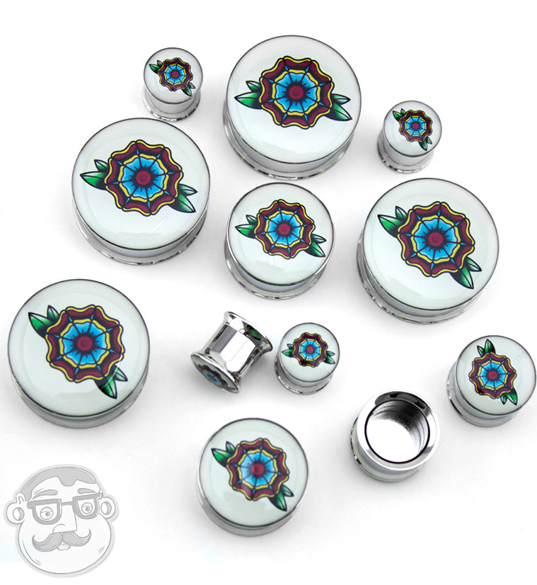 Traditional Flower Tattoo Steel Plugs
