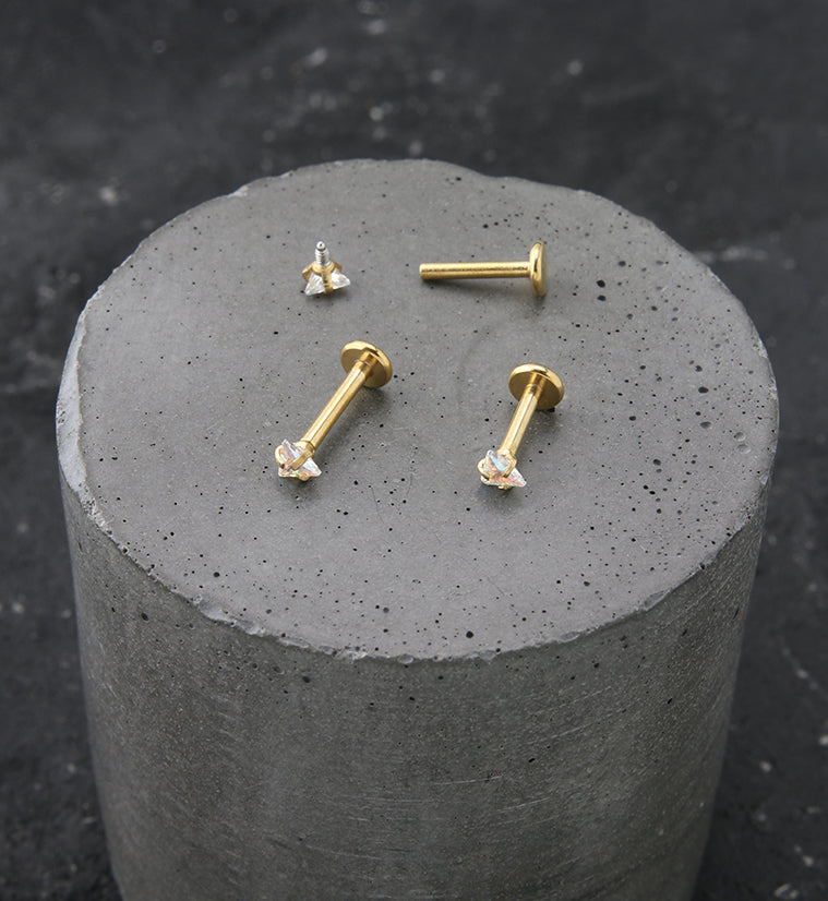 Triangle Rainbow Aurora CZ Gold PVD Stainless Steel Internally Threaded Labret