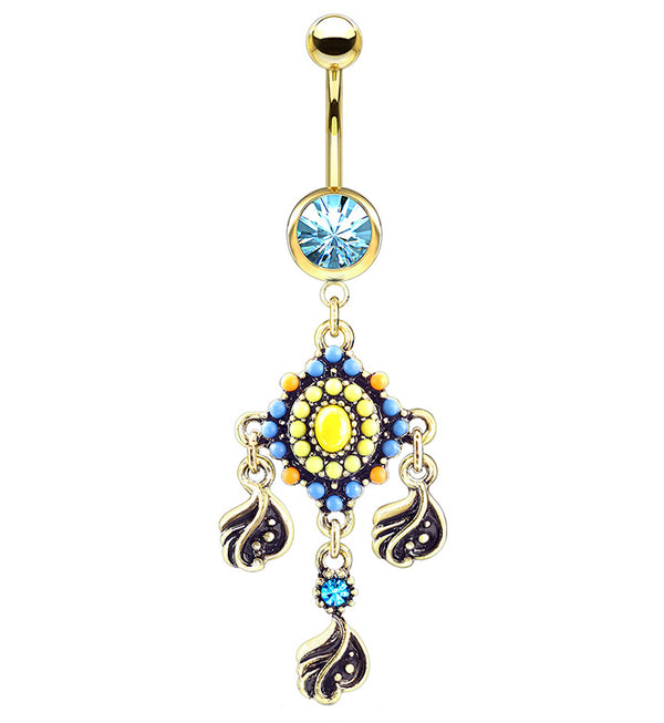 Gold PVD Lattice Beaded Gem Dangle Belly Button Ring