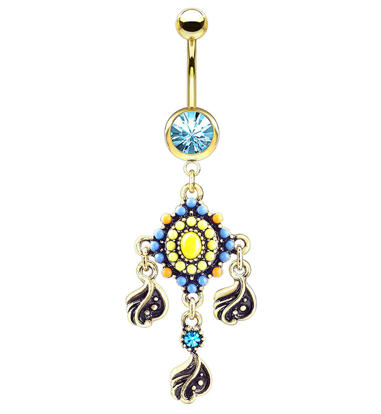 Gold PVD Lattice Beaded Gem Dangle Belly Button Ring