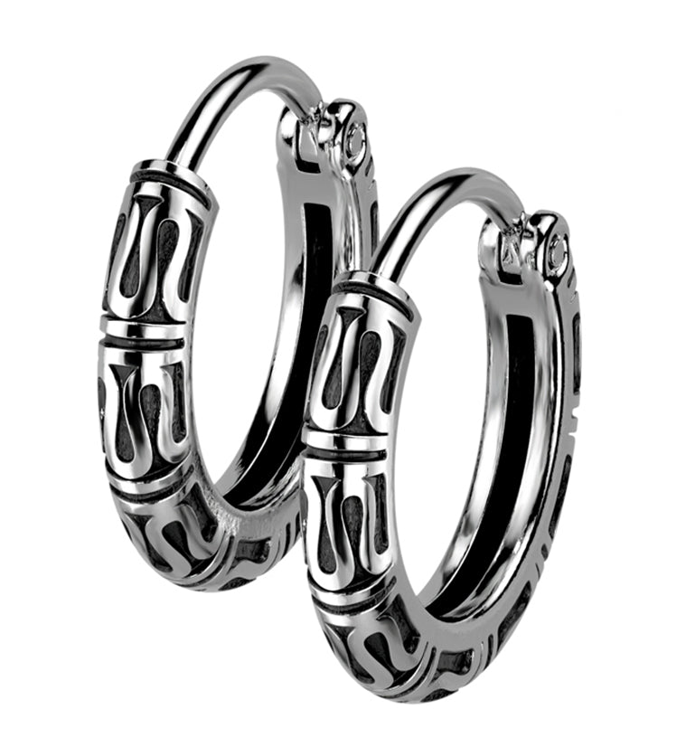 Tribal Stainless Steel Hinged Hoop Earrings