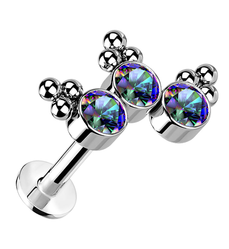 Triple Beaded Black Aurora CZ Curve Titanium Threadless Labret