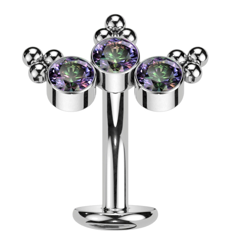 Triple Beaded Black Aurora CZ Titanium Threadless Floating Belly Button Ring (Convex Disk)