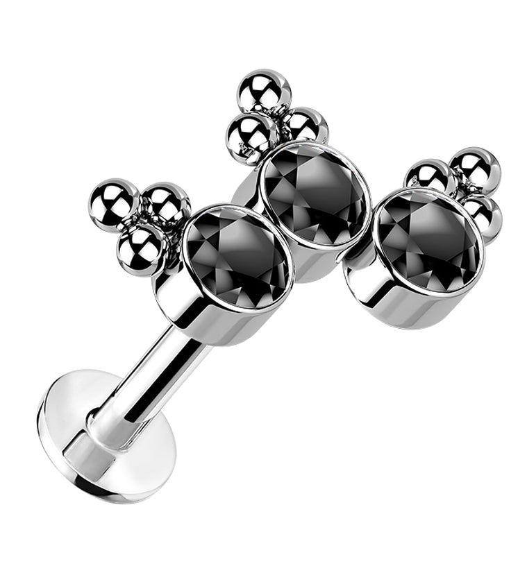 Triple Beaded Black CZ Curve Titanium Threadless Labret
